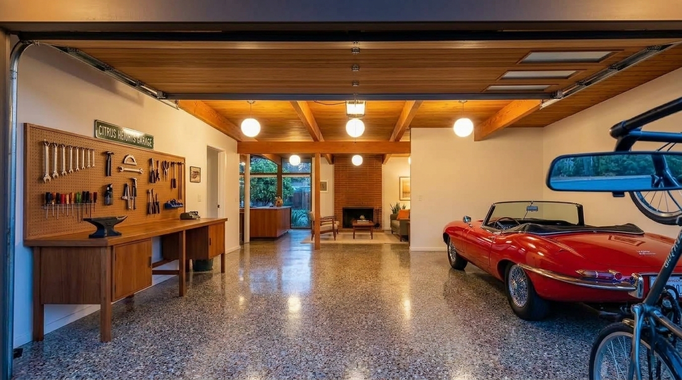 Citrus Heights Garage Door Service Interior View of Custom Garage Door Overhead and Workshop